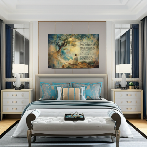 Fine art painted poem by Nan Wright Ransom featuring a person meditating under a tree.