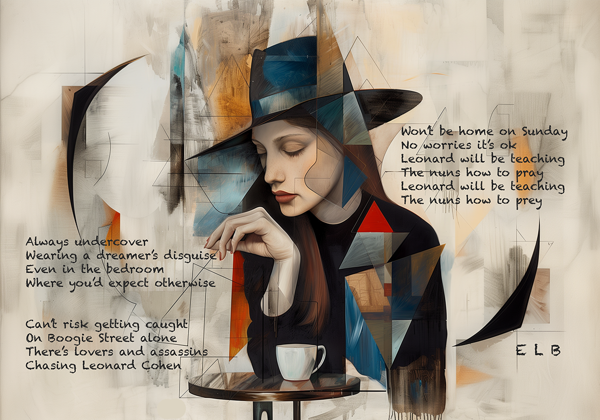 Contemplative abstract portrait by E. Laurence Bake depicting a young woman in profile with eyes closed, wearing a wide-brimmed blue hat, resting her chin on her hand beside a white coffee cup; surrounded by layered triangular geometries in muted blues, oranges, and blacks with handwritten poetic text referencing Leonard Cohen, disguise, dreamers, and spiritual pursuit, square composition blending realism and sacred geometry.
