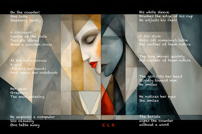 Artistic depiction of a woman's face with text overlay on a black background by E. Laurence Bake