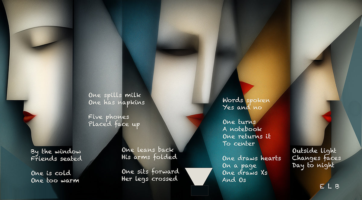 Artistic depiction of faces with text overlay on a dark background, by E. Laurence Bake.