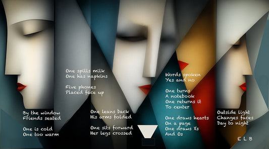 Artistic depiction of faces with text overlay on a dark background, by E. Laurence Bake.