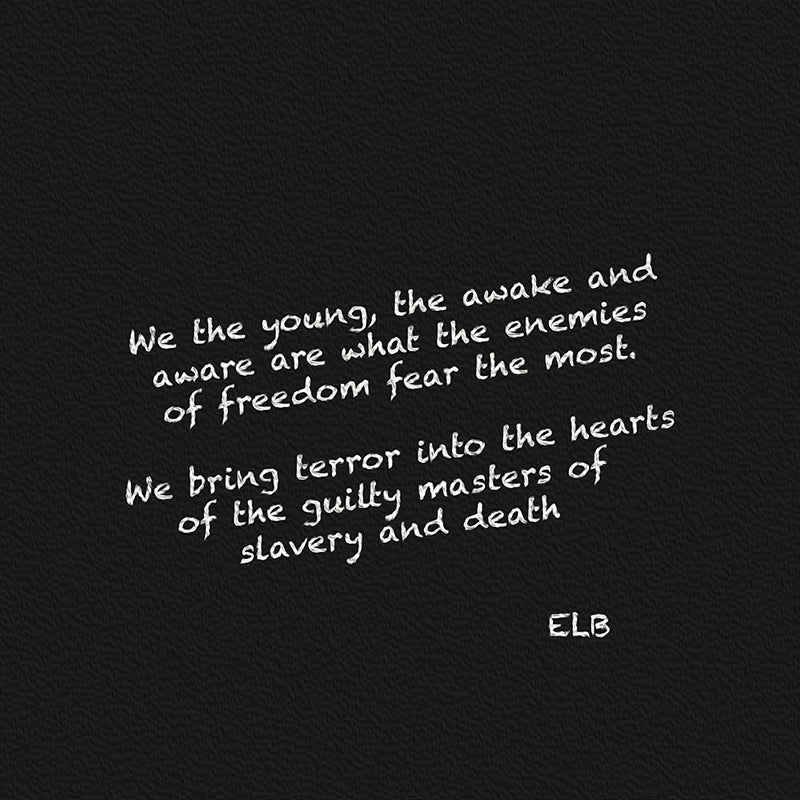 Minimalist black canvas with bold white handwritten poetic text centered: "We the young, the awake and aware are what the enemies of freedom fear the most. We bring terror into the hearts of the guilty masters of slavery and death ELB," a stark declaration of empowerment and awakening by E. Laurence Bake, square format in pure black and white.