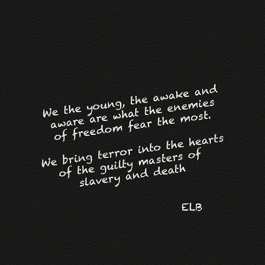 Minimalist black canvas with bold white handwritten poetic text centered: "We the young, the awake and aware are what the enemies of freedom fear the most. We bring terror into the hearts of the guilty masters of slavery and death ELB," a stark declaration of empowerment and awakening by E. Laurence Bake, square format in pure black and white.