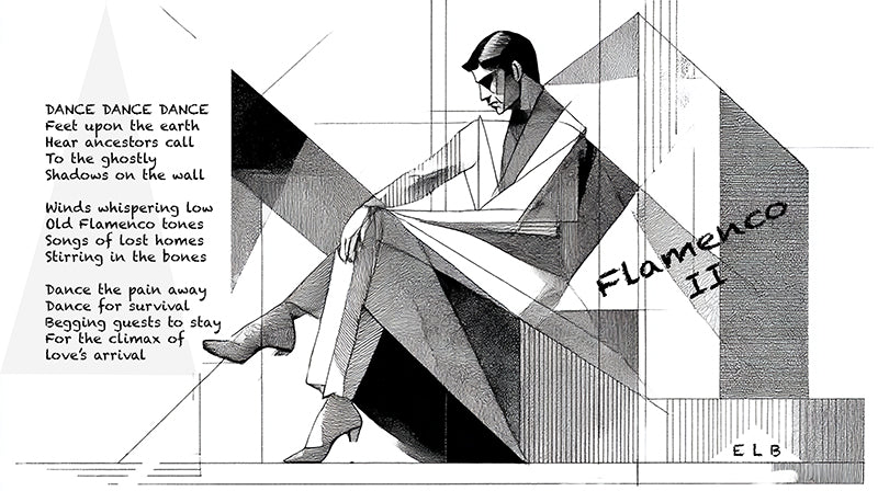 Flamenco 2 poetry art print with dance and passion, black and white lines by E. Laurence Bake