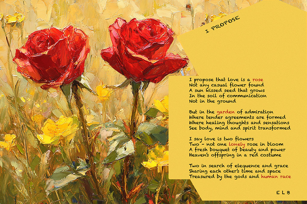 Fine art painted poem with roses, alongside love poetry against a yellow background.