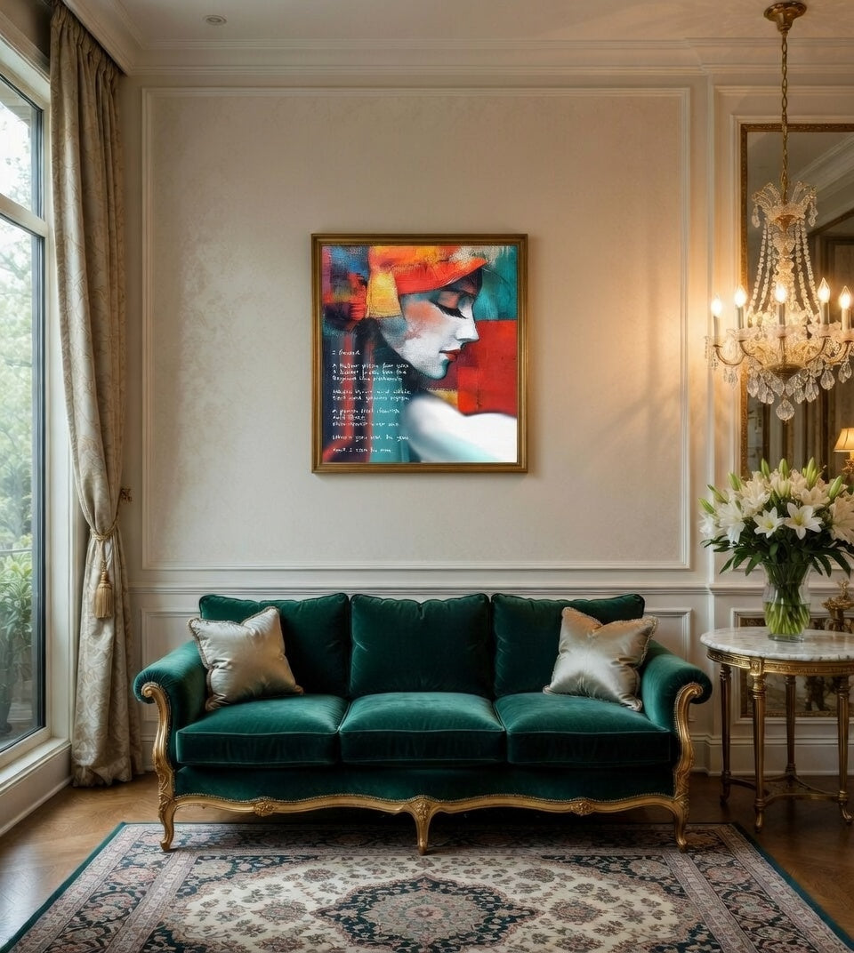 Fine art painted poem with a woman's profile, displayed over a green velvet sofa.