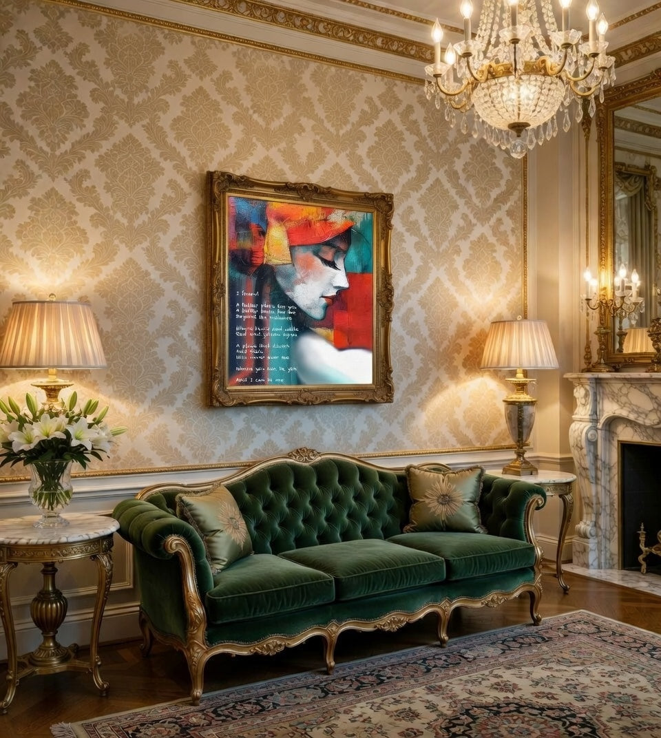 Fine art painted poem with portrait by I Found, framed in gold and hung on patterned wallpaper.

