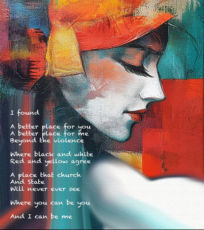 Fine art painted poem with profile of a woman, featuring red, yellow, black, and white abstract colors.
