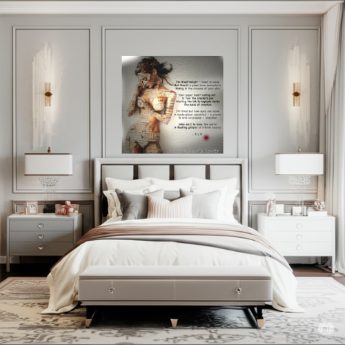 Fine art painted poem on canvas with literary body print, Infinite Beauty, displayed above a stylishly decorated bed.
