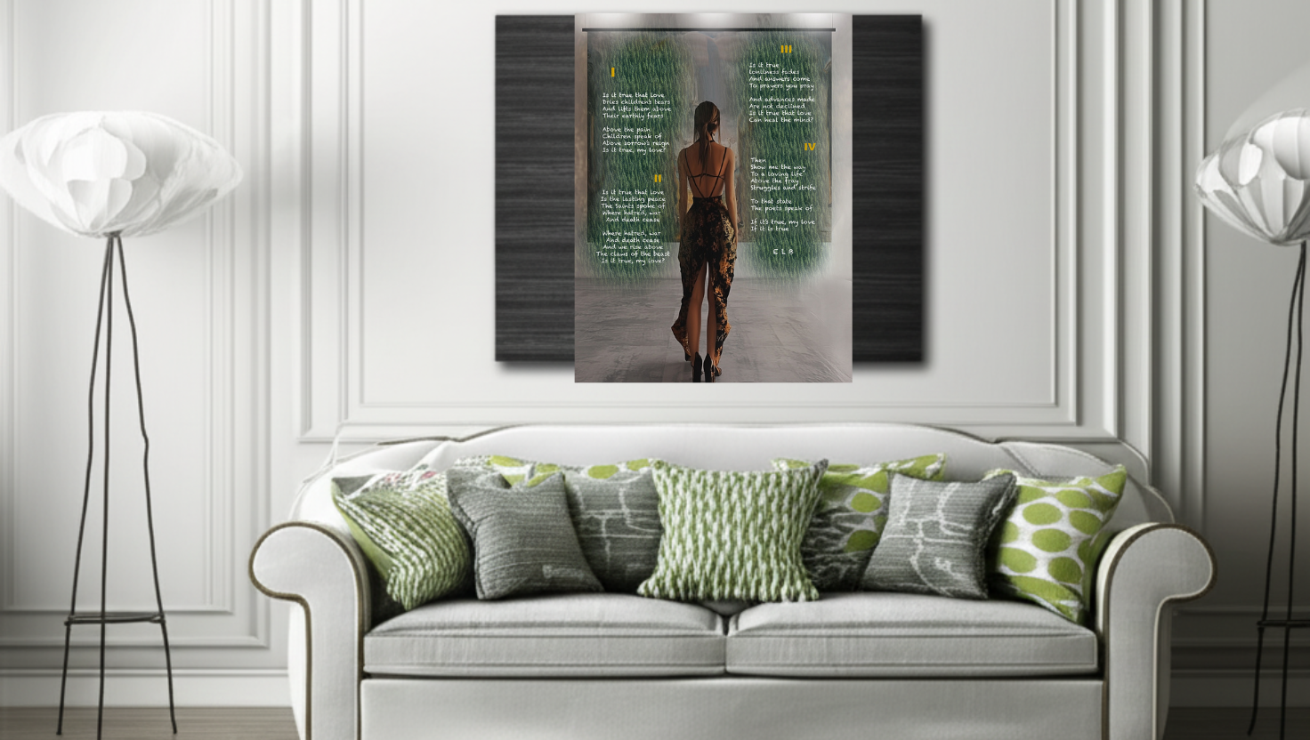 Fine art painted poem by an unknown artist featuring a woman in a dress, text overlay, and grass-like brushstrokes.