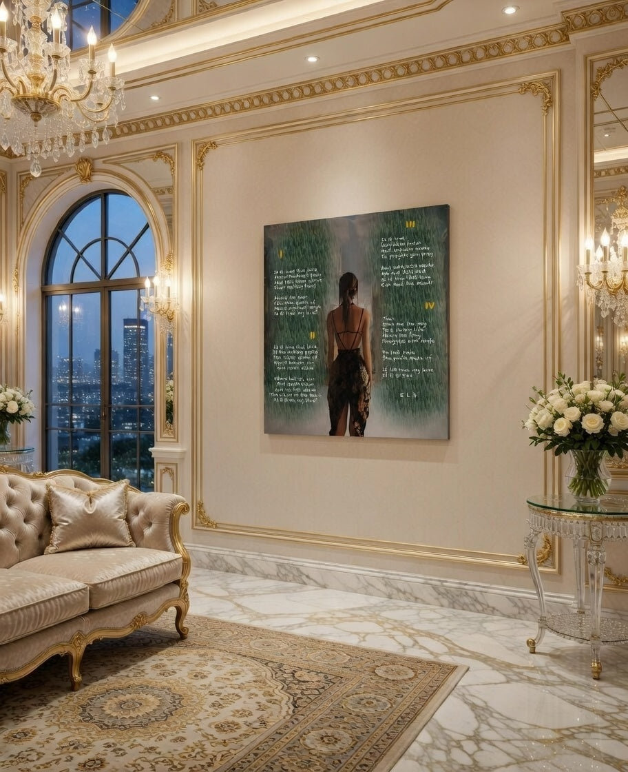 Fine art painted poem by Ely, featuring a woman facing away, surrounded by grass and text.