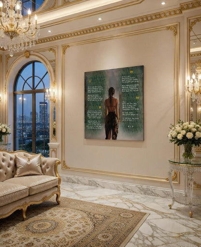 Fine art painted poem by Ely, featuring a woman facing away, surrounded by grass and text.