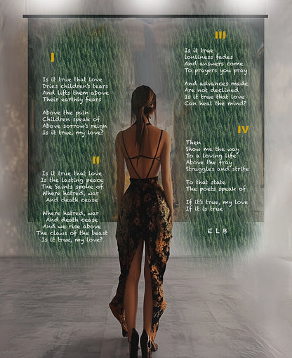 Fine art painted poems with numbered verses, featuring a woman in a long dress viewed from the back.