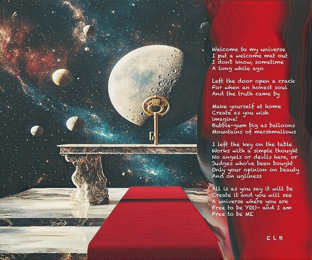 Space-themed background with a table, red chair, and poem on a red surface.