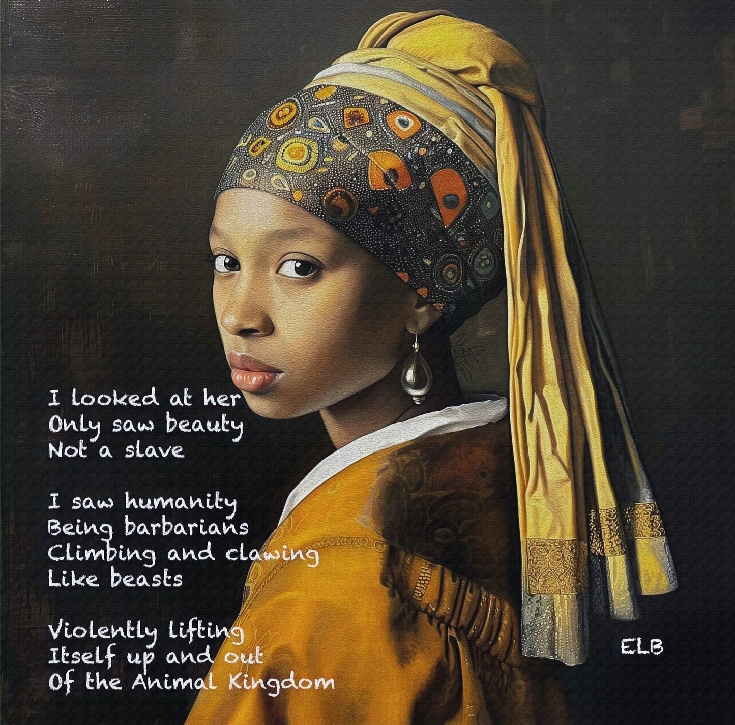 Fine art painted poem with a girl wearing a pearl earring by ELB, resembling Vermeer's painting with added literary elements.