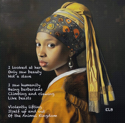 Fine art painted poem with a girl wearing a pearl earring by ELB, resembling Vermeer's painting with added literary elements.