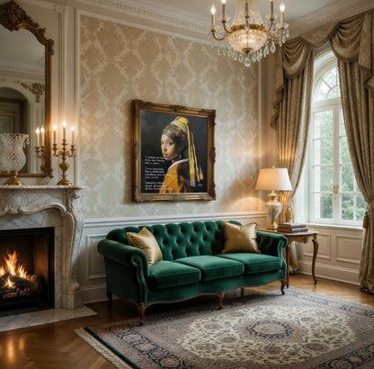 Fine art painted poem of "Girl with the Pearl Earring," with added words, in a golden frame.
