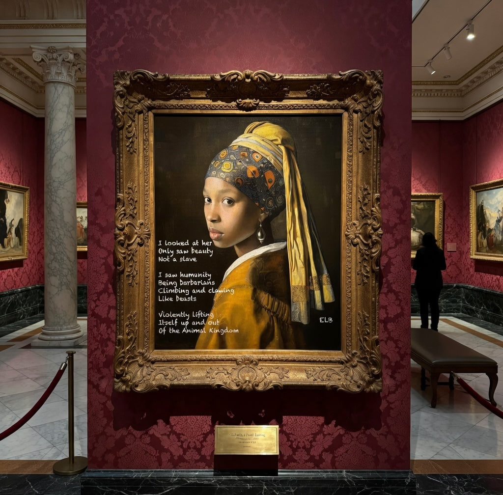 Fine art painted poem, Girl with the Pearl Earring, featuring inscribed verse, set in a gold frame in a museum gallery.
