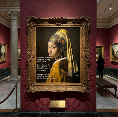 Fine art painted poem, Girl with the Pearl Earring, featuring inscribed verse, set in a gold frame in a museum gallery.
