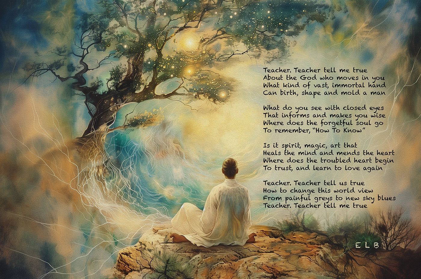 Fine art painted poem with inspirational verse and a meditating figure, signed ELB, in an illustrative style.