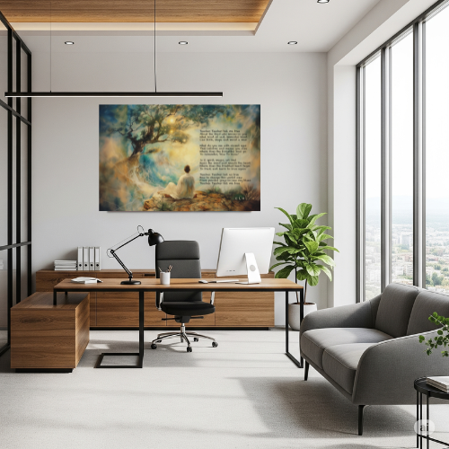 Fine art painted poem by Teacher Teacher, with a tree and meditating figure, in an office setting.
