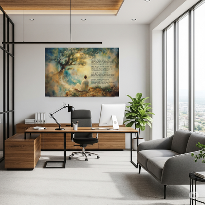 Fine art painted poem by Teacher Teacher, with a tree and meditating figure, in an office setting.
