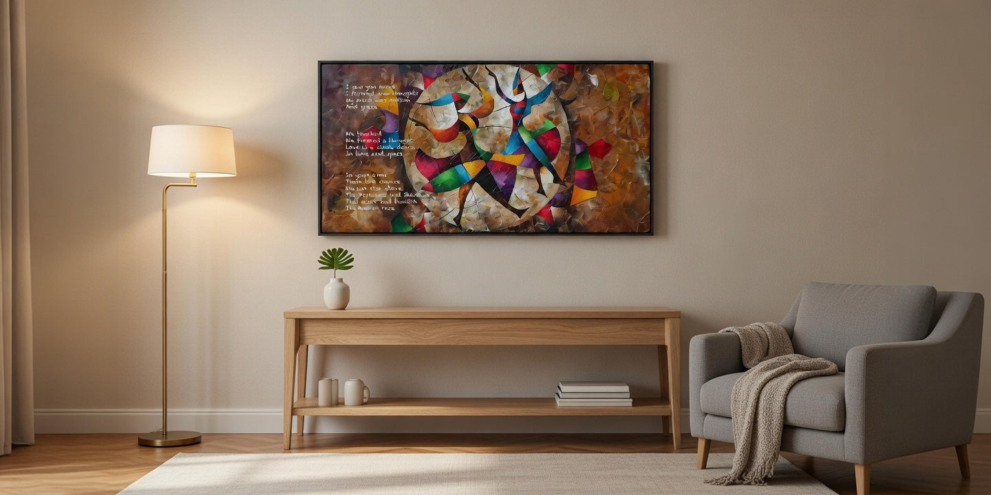 Colorful abstract painting, The Gathering, with poem overlay, displayed on a wall.