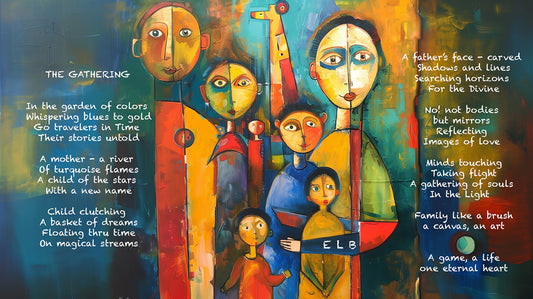 Fine art painted poem with figures, colors, and text.