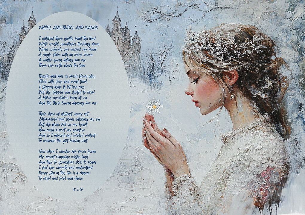 Whirl Twirl Dance poetry art print with winter snowflake themes by E. Laurence Bake
