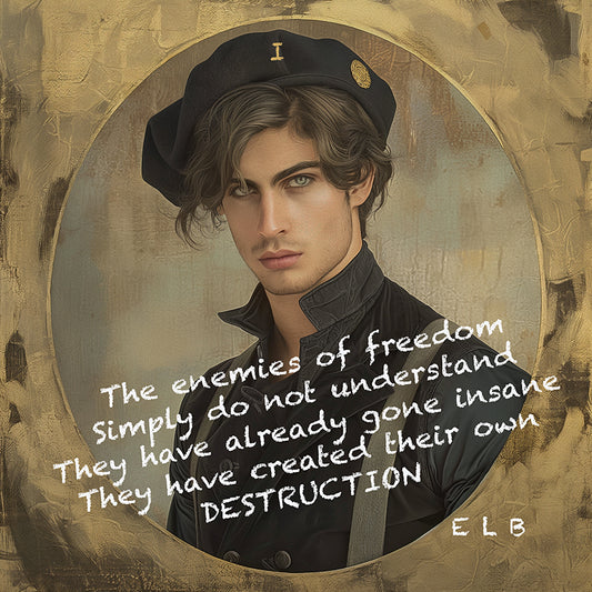 Golden-haloed portrait of a young woman with defiant blue eyes, wearing a black beret marked "III" and a butterfly pin, set against textured warm gold background; overlaid flowing text reads: "The enemies of freedom simply do not understand You can not kill An eternal being like me ELB," an inspiring vision of indestructible spirit by E. Laurence Bake, square composition blending realism and ethereal light.