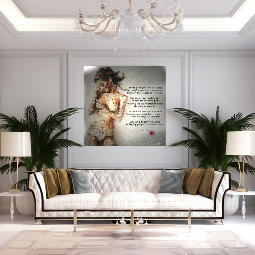 Fine art painted poem with artistic nude figure and text, with a neutral background, and a red dot.
